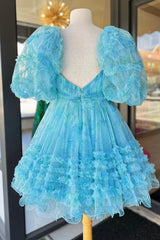 Blue A-Line Puff Sleeves Sweetheart Floral Short Graduation Dress