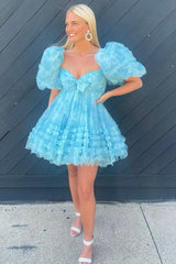 Blue A-Line Puff Sleeves Sweetheart Floral Short Graduation Dress