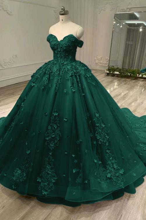 Blue Ball Gown Prom Dress Off the Shoulder Evening Dress With Lace Appliques
