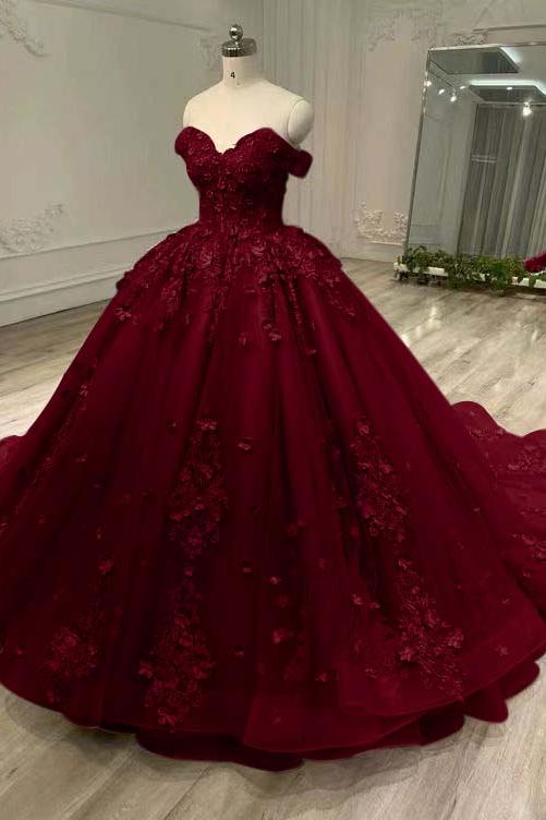Blue Ball Gown Prom Dress Off the Shoulder Evening Dress With Lace Appliques