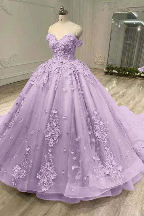 Blue Ball Gown Prom Dress Off the Shoulder Evening Dress With Lace Appliques