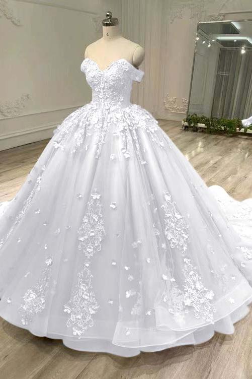 Blue Ball Gown Prom Dress Off the Shoulder Evening Dress With Lace Appliques