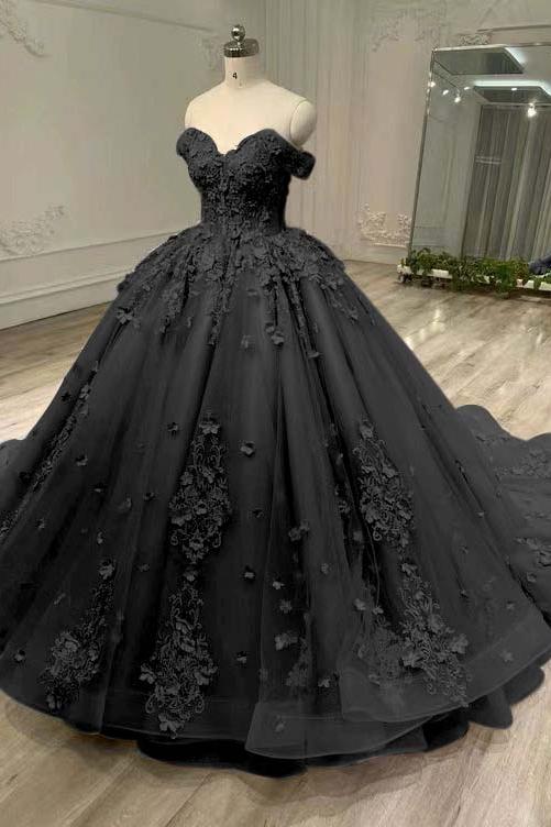 Blue Ball Gown Prom Dress Off the Shoulder Evening Dress With Lace Appliques