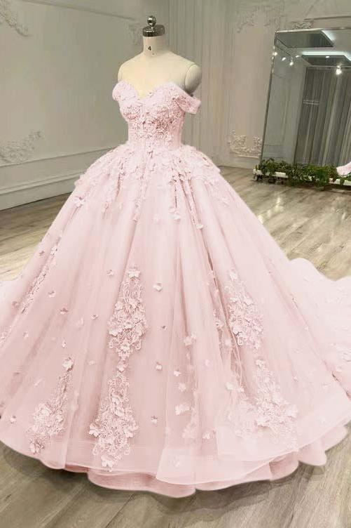 Blue Ball Gown Prom Dress Off the Shoulder Evening Dress With Lace Appliques