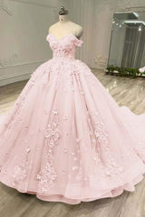Blue Ball Gown Prom Dress Off the Shoulder Evening Dress With Lace Appliques