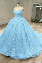 Blue Ball Gown Prom Dress Off the Shoulder Evening Dress With Lace Appliques