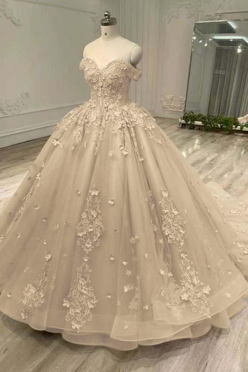 Blue Ball Gown Prom Dress Off the Shoulder Evening Dress With Lace Appliques