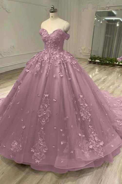Blue Ball Gown Prom Dress Off the Shoulder Evening Dress With Lace Appliques