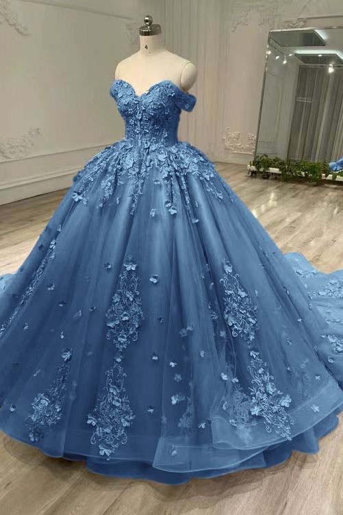 Blue Ball Gown Prom Dress Off the Shoulder Evening Dress With Lace Appliques