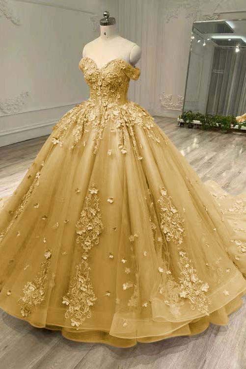 Blue Ball Gown Prom Dress Off the Shoulder Evening Dress With Lace Appliques