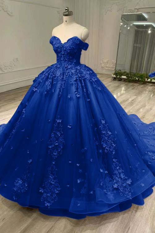 Blue Ball Gown Prom Dress Off the Shoulder Evening Dress With Lace Appliques