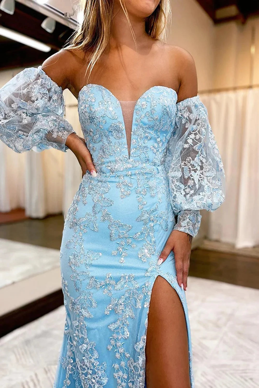 Blue Detachable Sleeves Prom Dress Sweetheart Lace Long Evening Dress with Slit