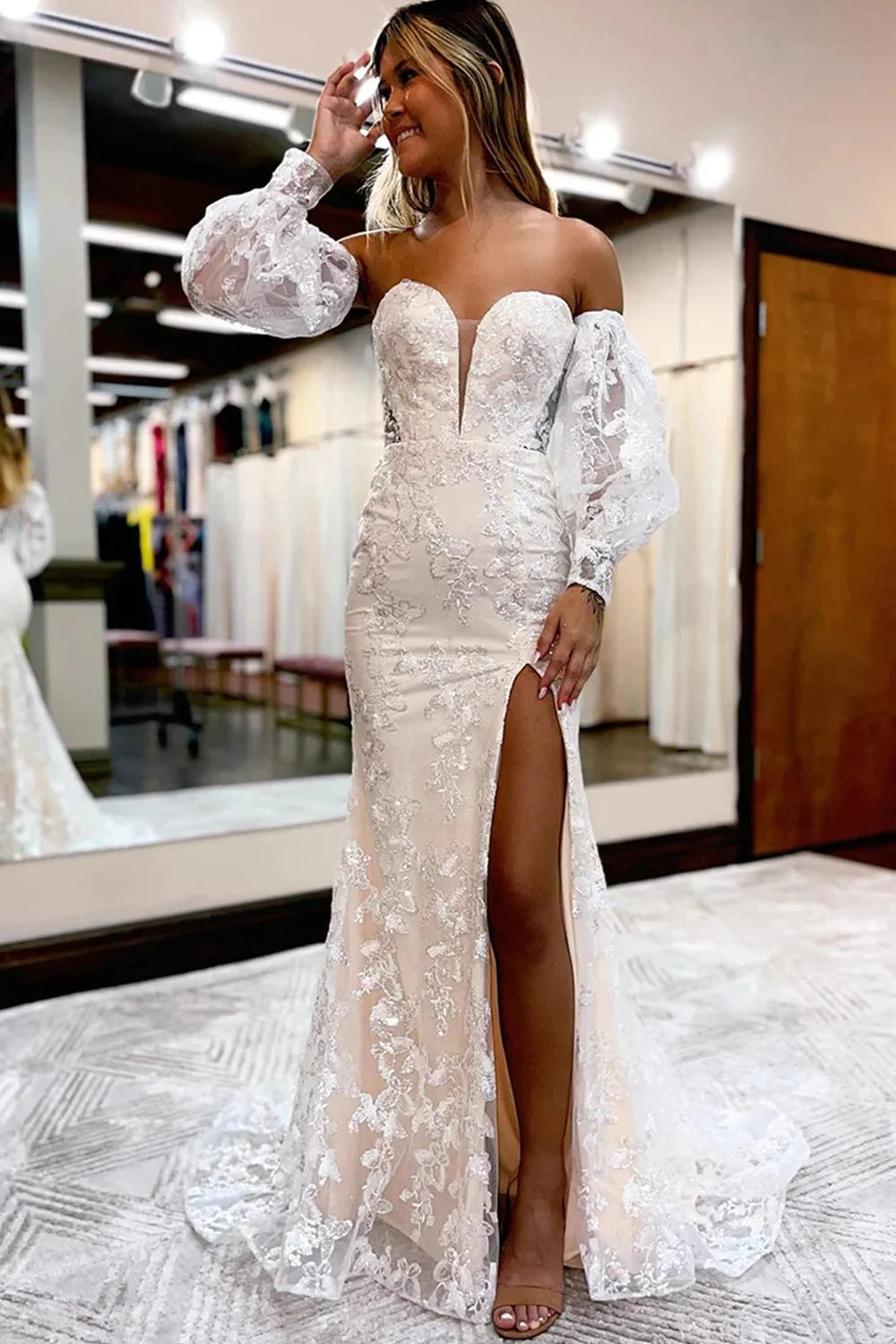 Blue Detachable Sleeves Prom Dress Sweetheart Lace Long Evening Dress with Slit