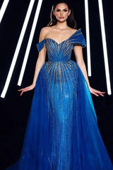 Blue Detachable Train Prom Dress Asymmetric Beaded Evening Dress