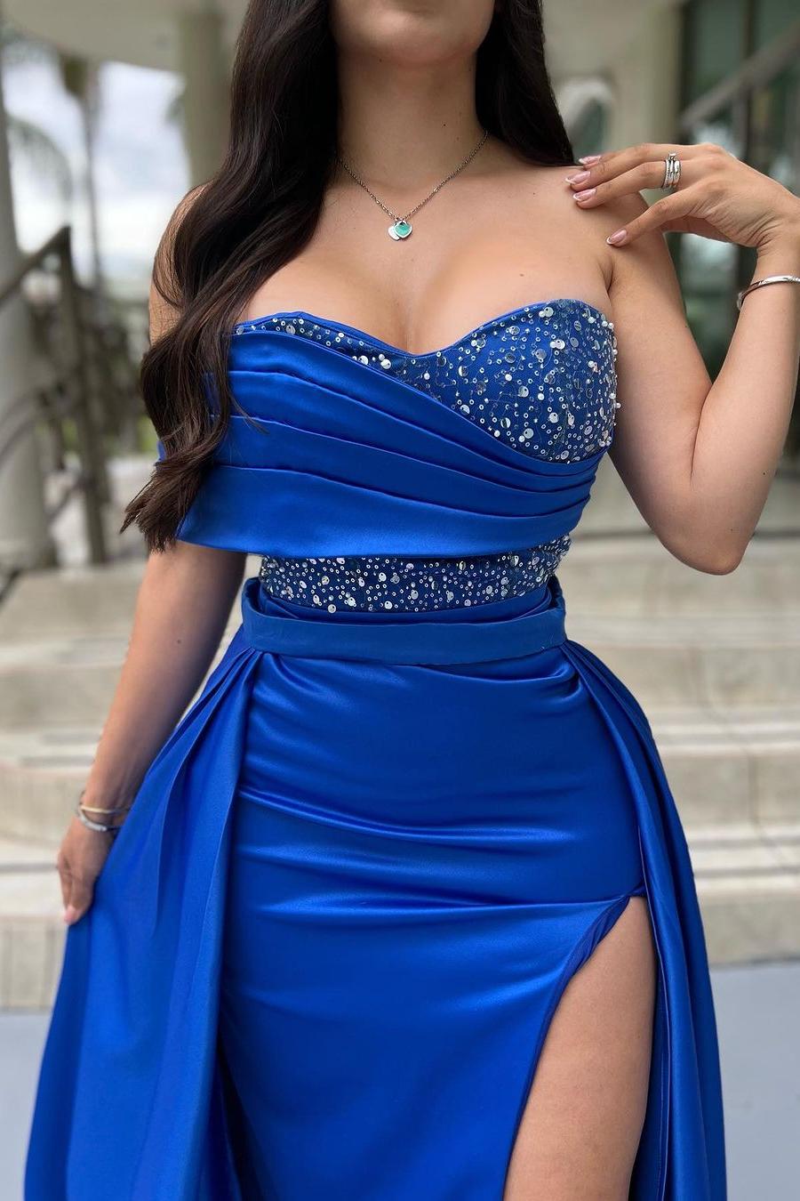 Blue Detachable Train Prom Dress One Shoulder Beaded Evening Dress