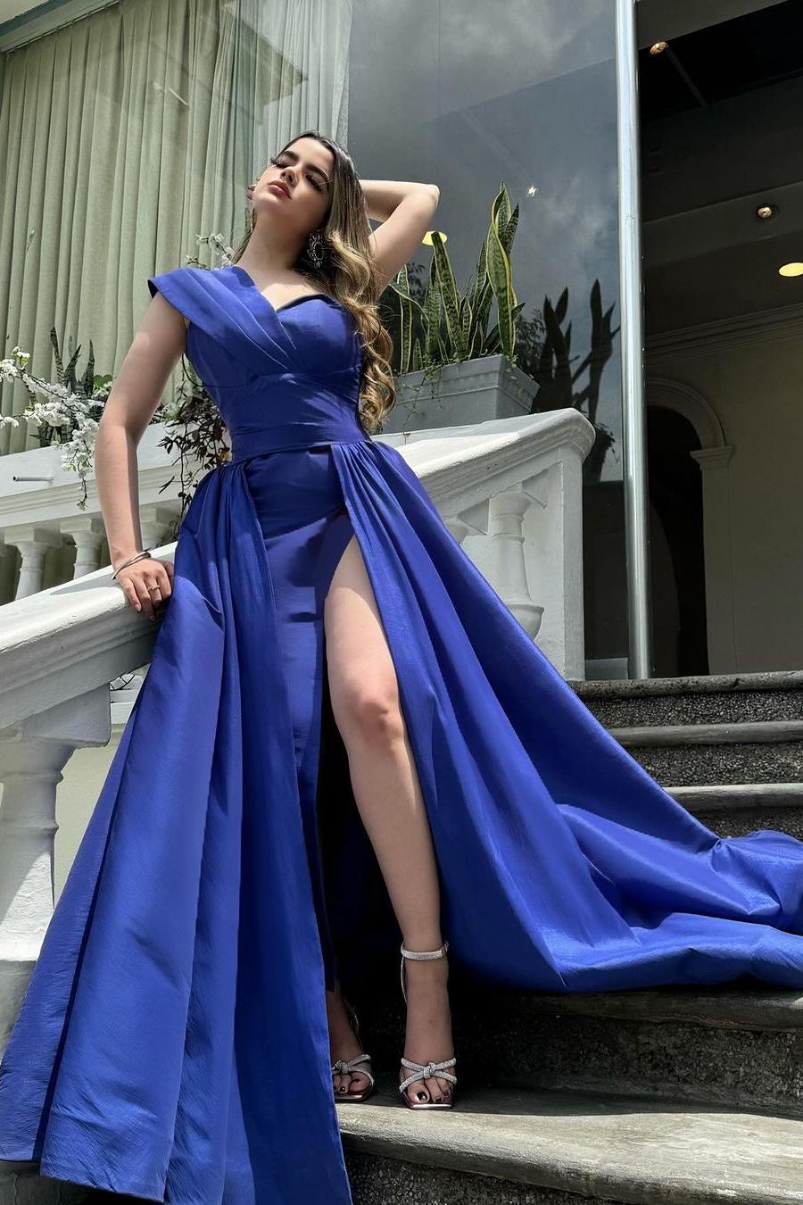 Blue Detachable Train Prom Dress Sleeveless One Shoulder Satin Evening Dress