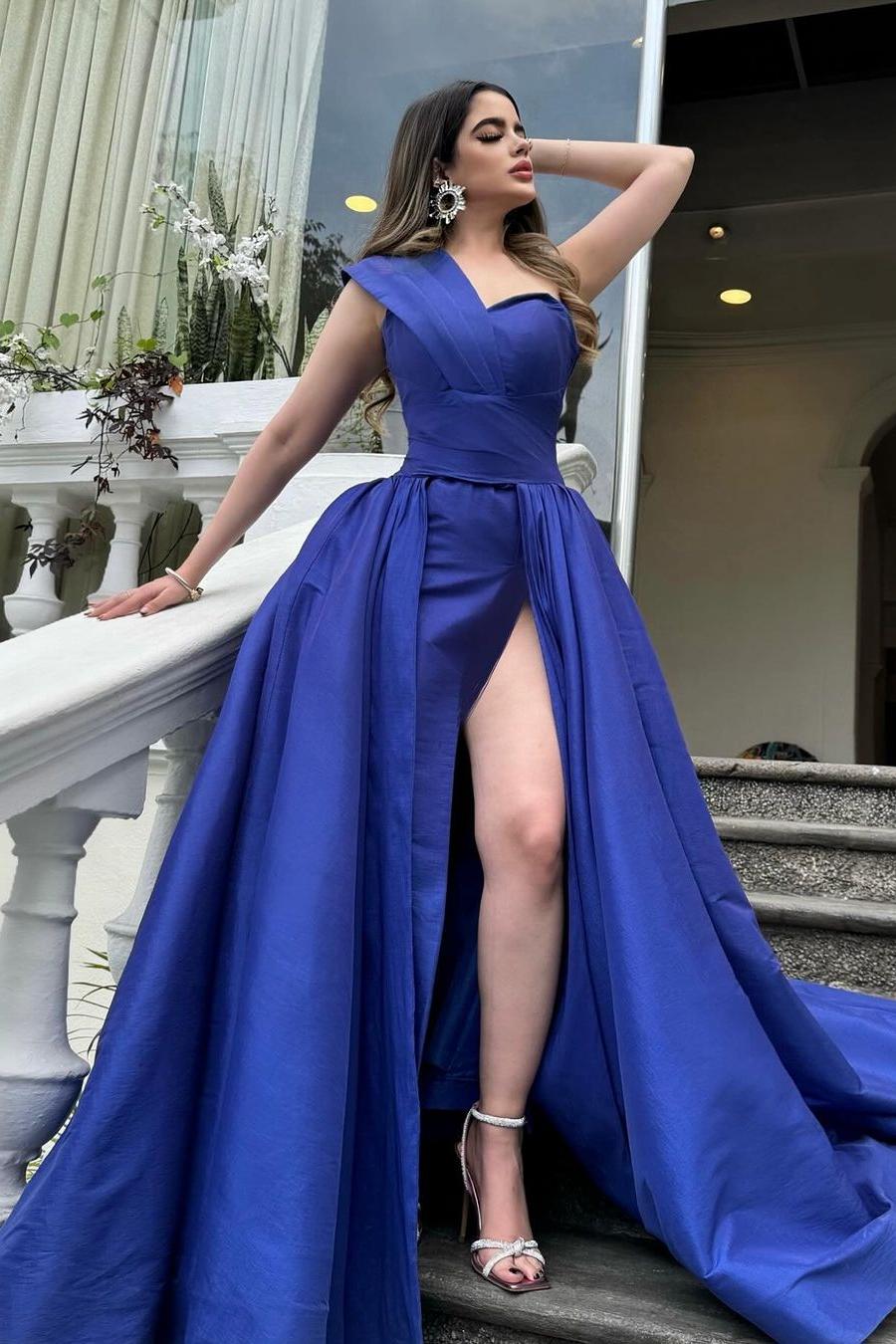 Blue Detachable Train Prom Dress Sleeveless One Shoulder Satin Evening Dress