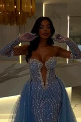 Blue Detachable Train Prom Dress Sleeveless Sweetheart Beaded Evening Dress