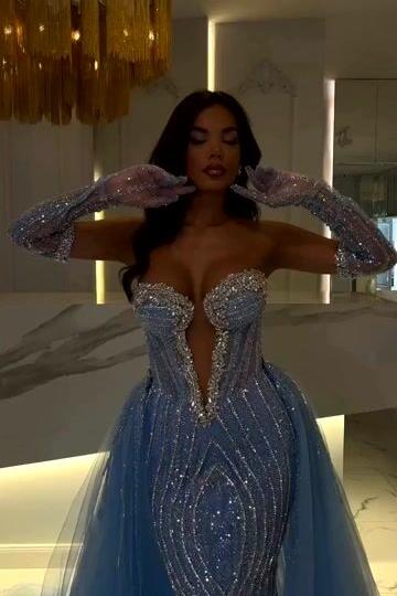 Blue Detachable Train Prom Dress Sleeveless Sweetheart Beaded Evening Dress