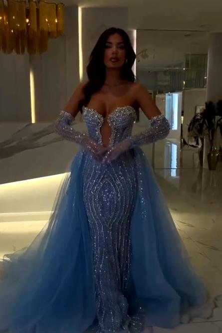 Blue Detachable Train Prom Dress Sleeveless Sweetheart Beaded Evening Dress