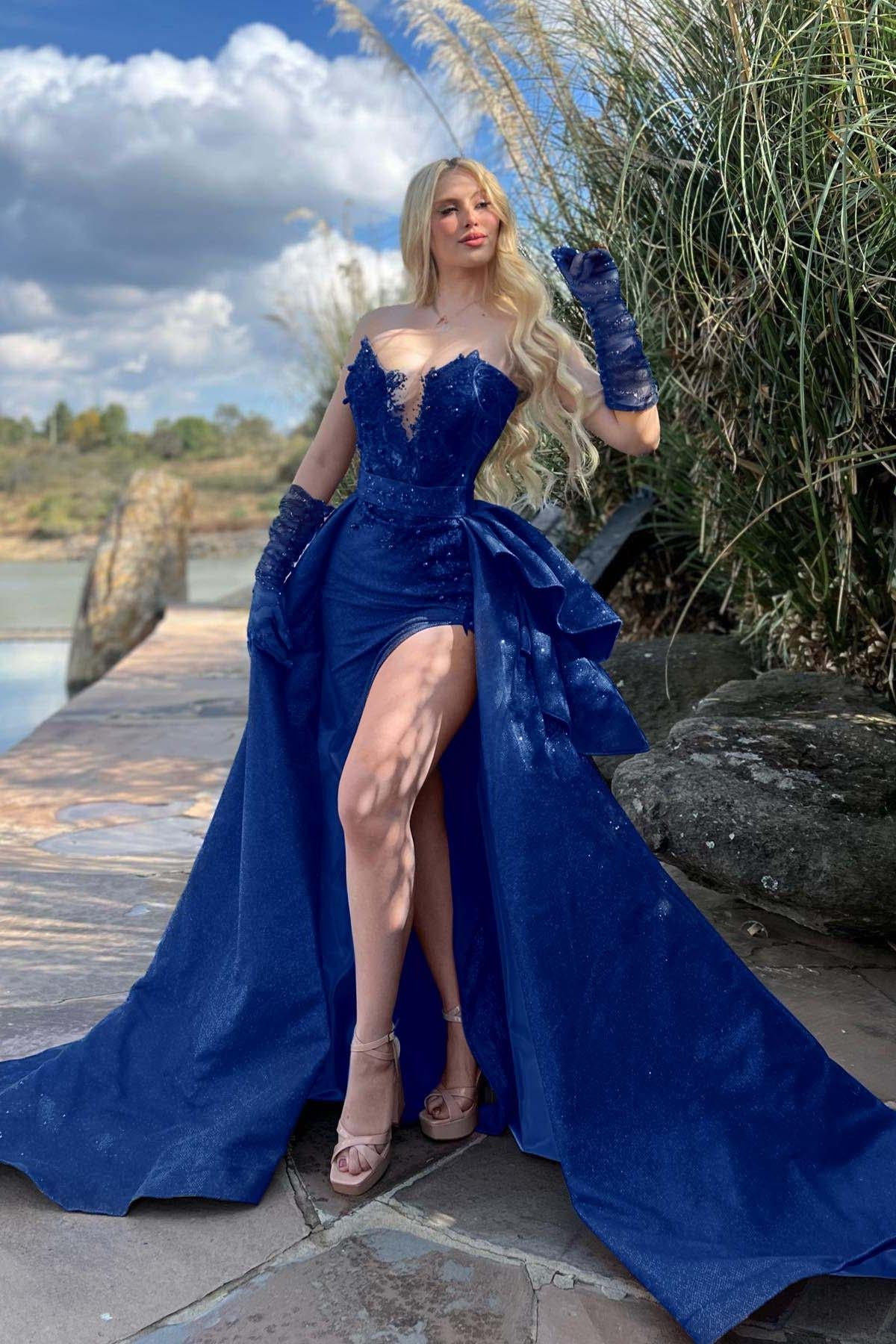 Blue Detachable Train Prom Dress Sleeveless Sweetheart Evening Dress With Lace Appliques
