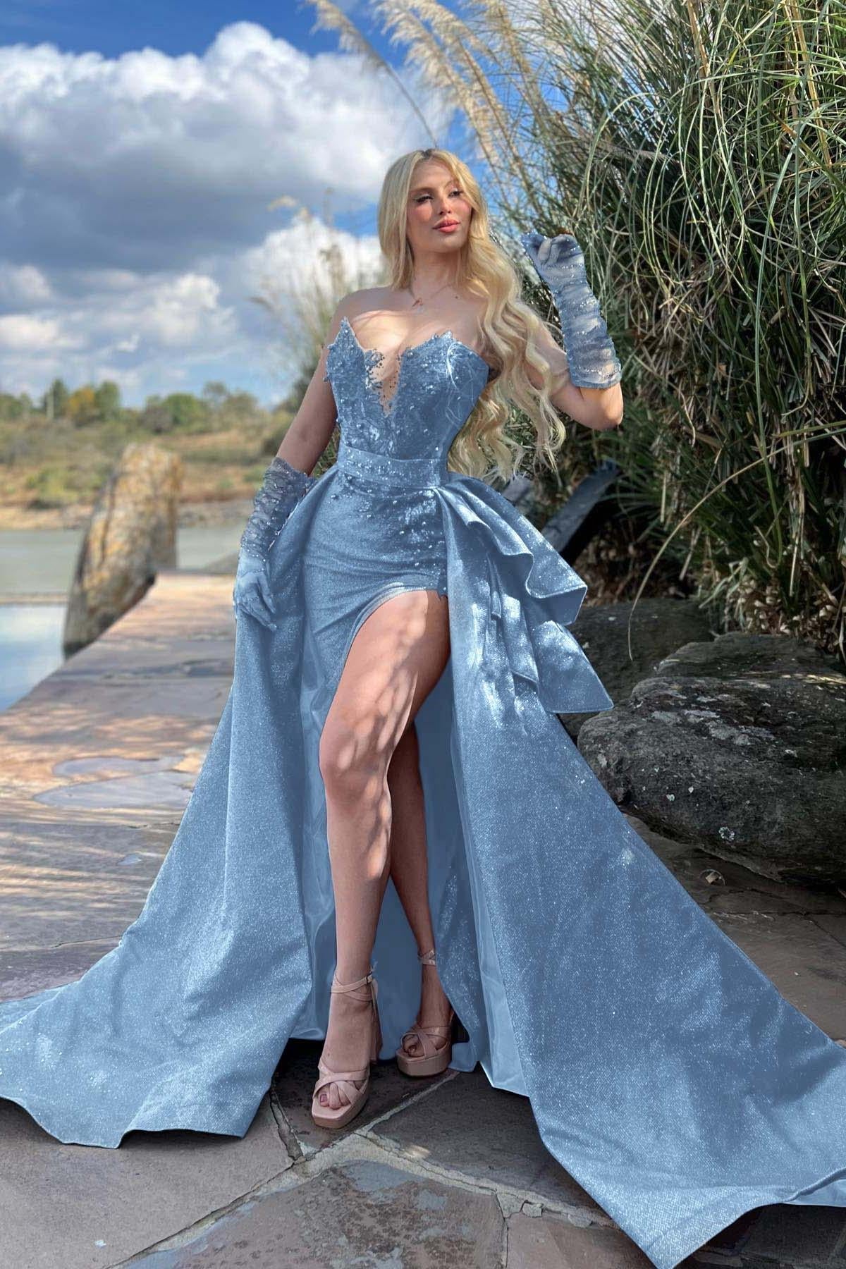 Blue Detachable Train Prom Dress Sleeveless Sweetheart Evening Dress With Lace Appliques