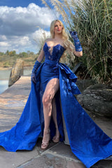 Blue Detachable Train Prom Dress Sleeveless Sweetheart Evening Dress With Lace Appliques