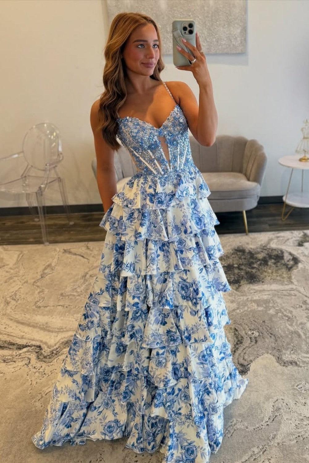 Dreamyannie Blue Floral Spaghetti Straps Ruffle High-Slit Prom Dress With Lace Bodice Formal Evening Gown