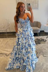 Dreamyannie Blue Floral Spaghetti Straps Ruffle High-Slit Prom Dress With Lace Bodice Formal Evening Gown