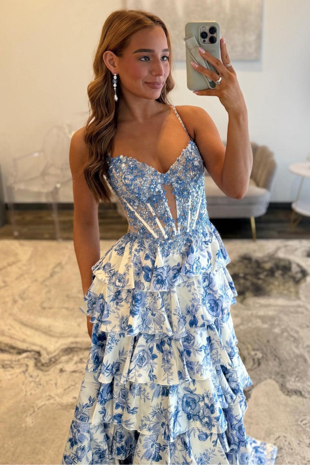 Dreamyannie Blue Floral Spaghetti Straps Ruffle High-Slit Prom Dress With Lace Bodice Formal Evening Gown