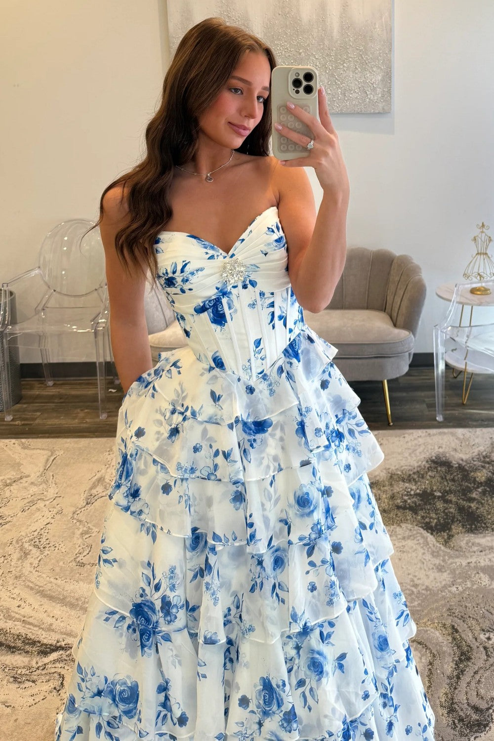 Blue Floral Sweetheart Tiered Prom Dress With Corset Bodice Formal Evening Gown