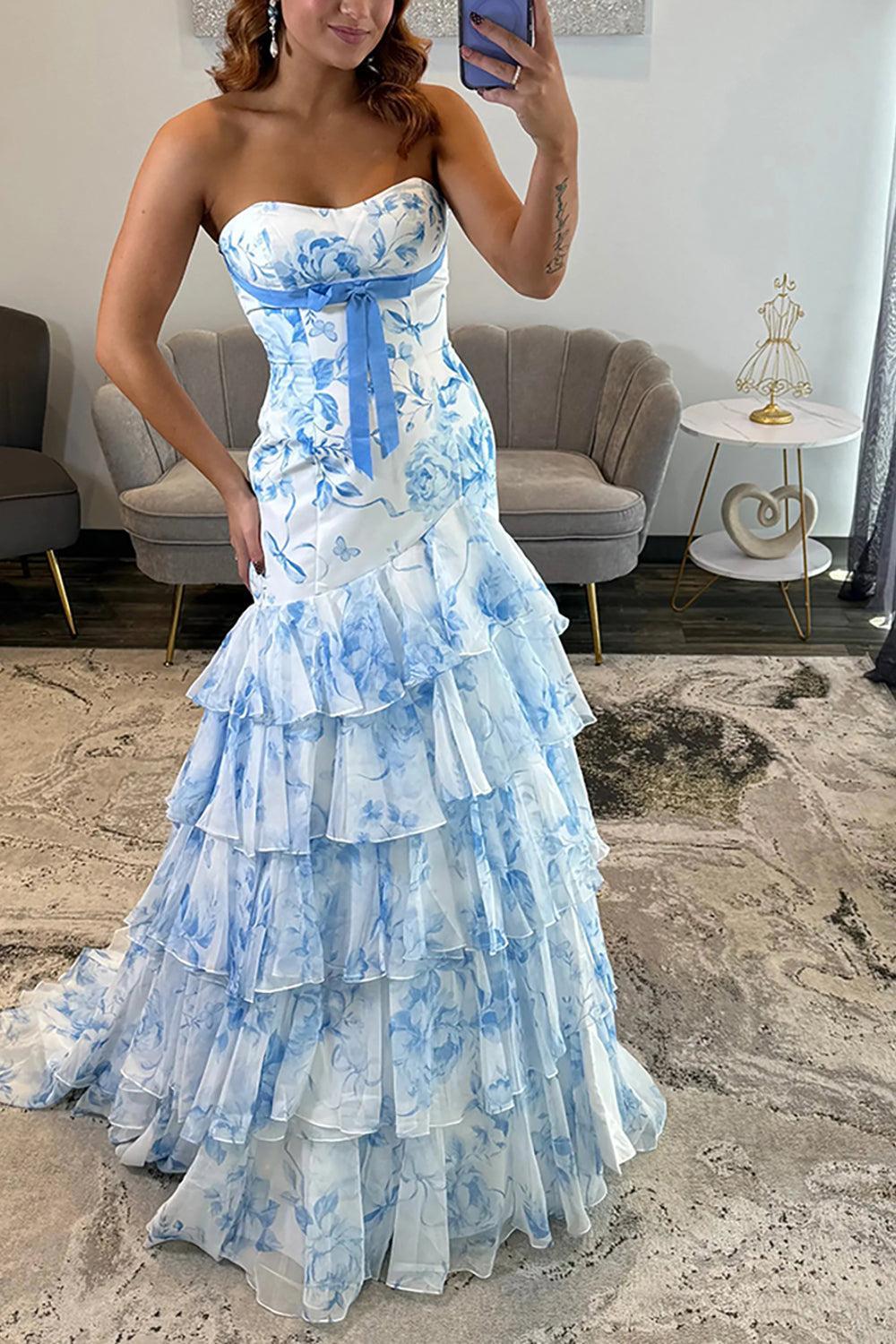 Blue Flower Prom Dress Sweetheart Mermaid Ruffled Long Formal Dress With Bow