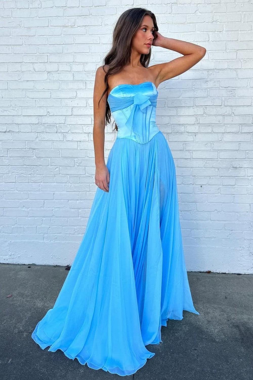 Dreamyannie Blue Flowing Chiffon Strapless Corset Prom Dress With Bow Bodice Formal Evening Gown