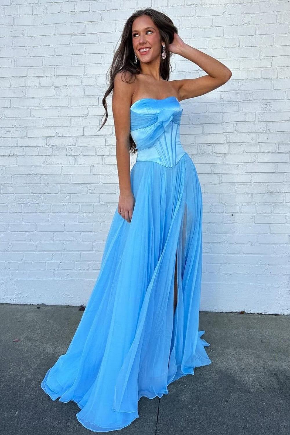 Dreamyannie Blue Flowing Chiffon Strapless Corset Prom Dress With Bow Bodice Formal Evening Gown
