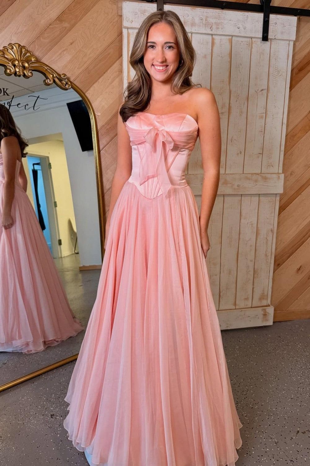 Dreamyannie Blue Flowing Chiffon Strapless Corset Prom Dress With Bow Bodice Formal Evening Gown