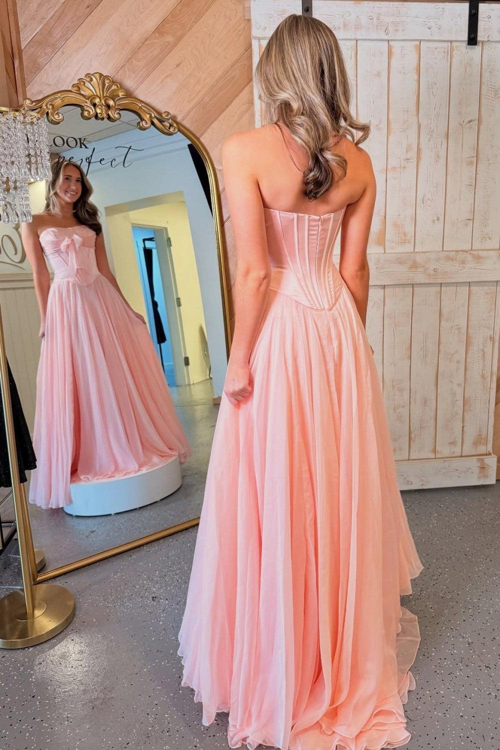 Dreamyannie Blue Flowing Chiffon Strapless Corset Prom Dress With Bow Bodice Formal Evening Gown