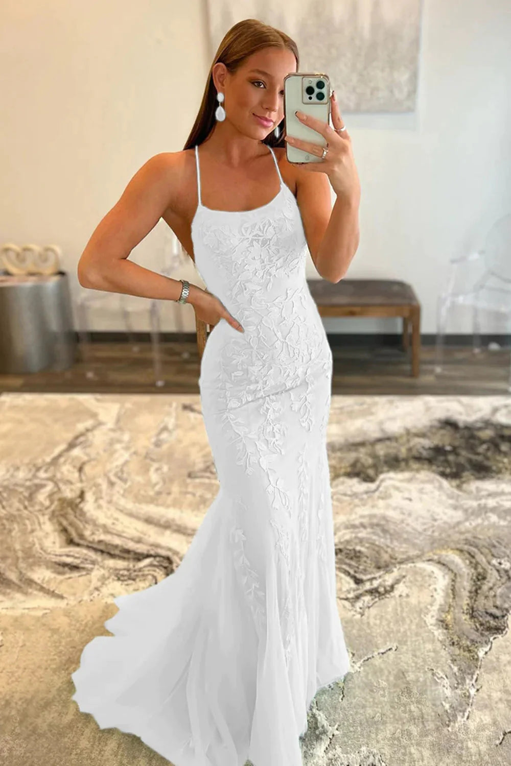 Blue Lace Mermaid Backless Prom Dress Tulle Evening Dress