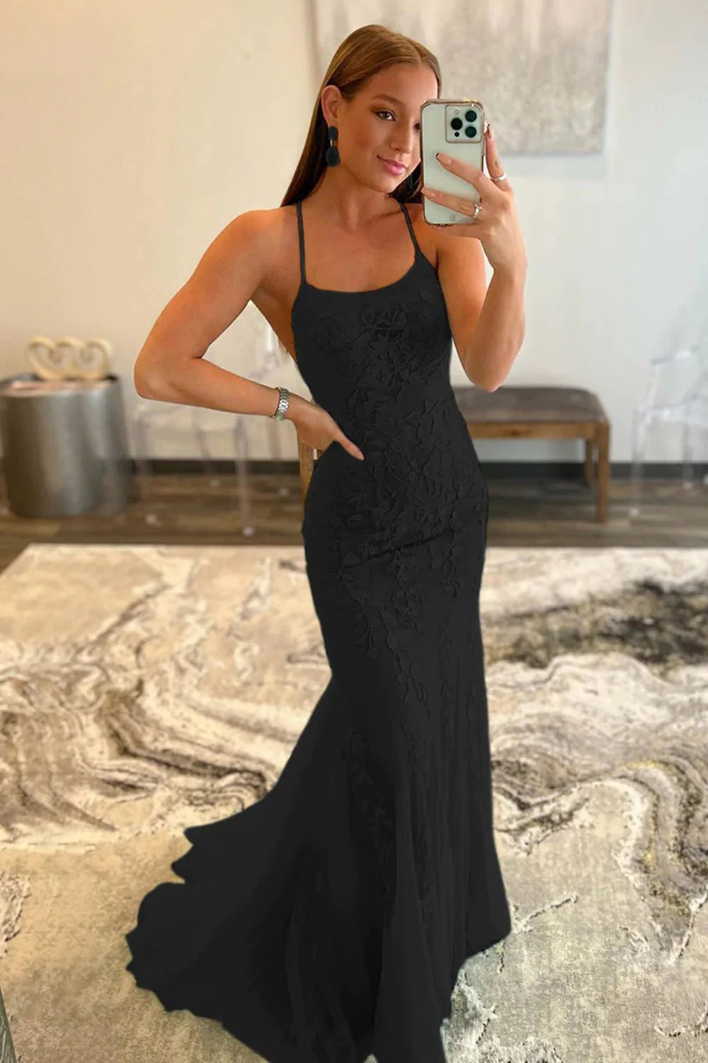 Blue Lace Mermaid Backless Prom Dress Tulle Evening Dress