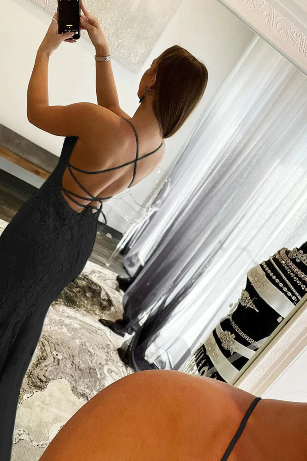 Blue Lace Mermaid Backless Prom Dress Tulle Evening Dress