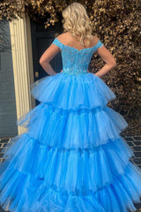Blue High Low Graduation Dress Tiered Prom Dress with Lace
