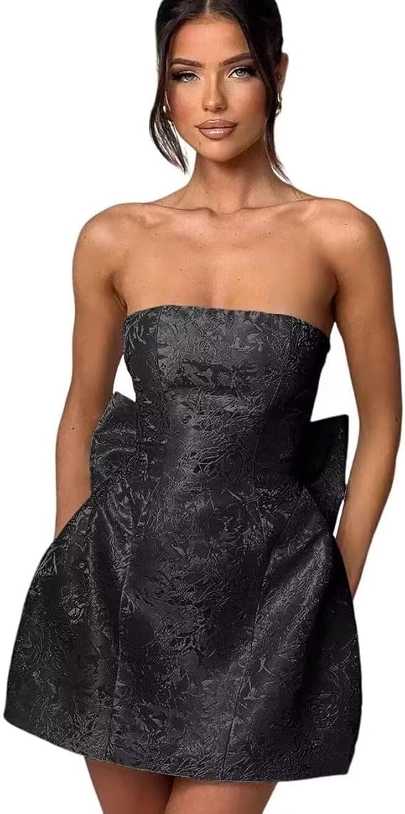 Blue Jacquard Graduation Dress Satin Strapless Short Party Dress with Bowknot