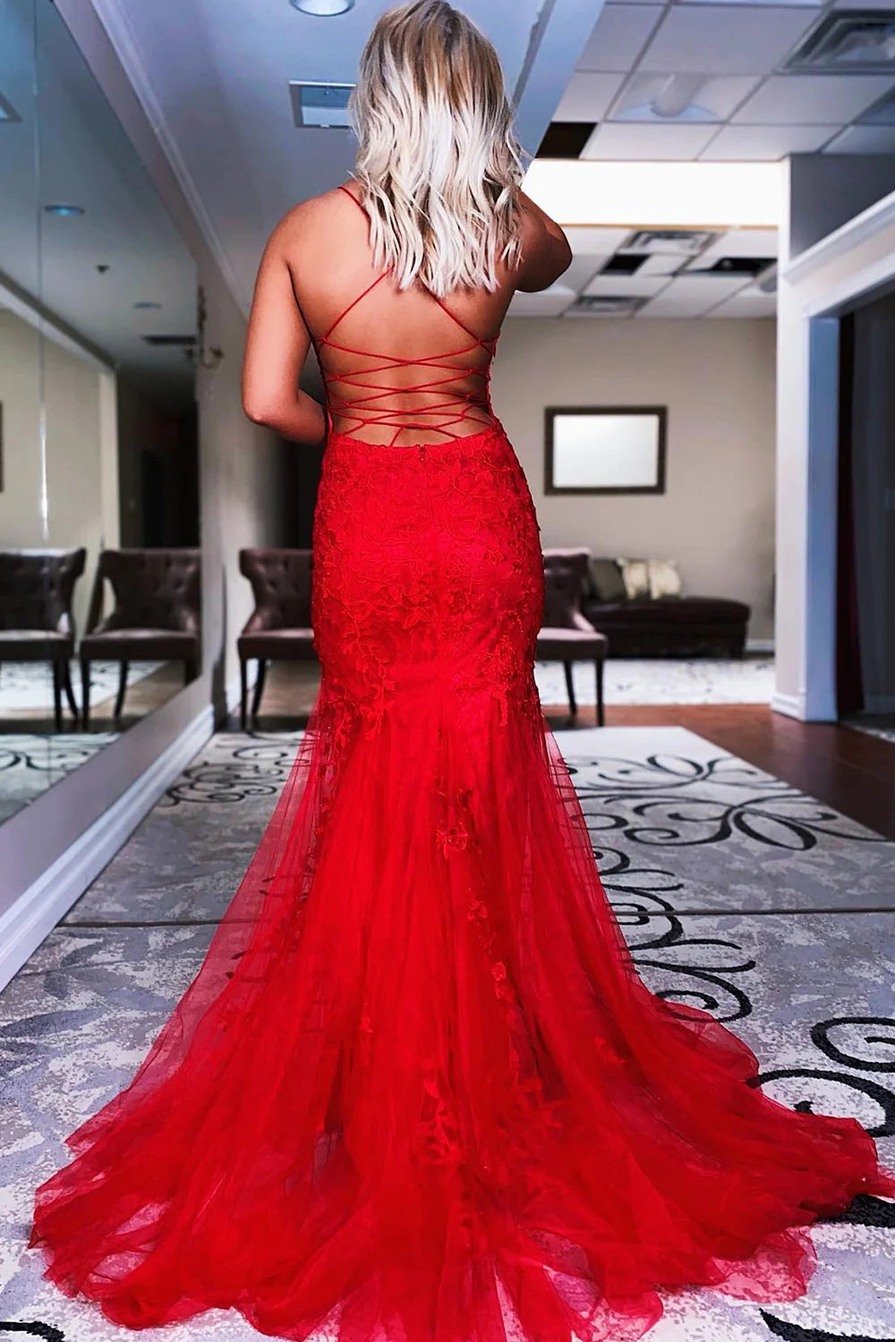 Blue Lace Mermaid Backless Prom Dress Tulle Evening Dress Dreamyannie UK Blue Lace Mermaid Backless Prom Dress Tulle Evening Dress Dreamyannie UK