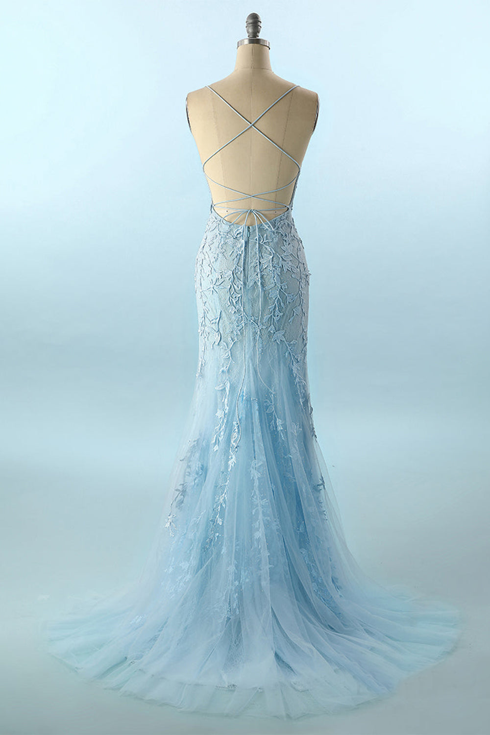 Blue Lace Mermaid Backless Prom Dress Tulle Evening Dress