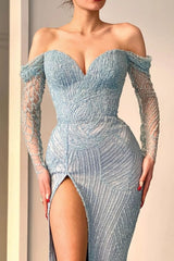 Blue Long Sleeves Off The Shoulder Sweetheart Sequins Mermaid Evening Dress with Split