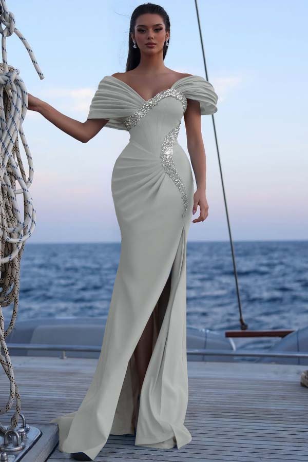 Blue Mermaid Prom Dress Beaded Off the Shoulder Evening Dress