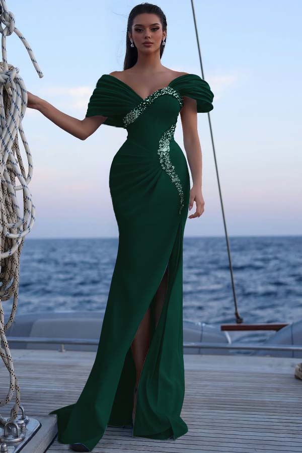 Blue Mermaid Prom Dress Beaded Off the Shoulder Evening Dress