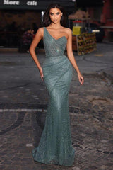 Blue Mermaid Prom Dress Beaded One Shoulder Evening Dress