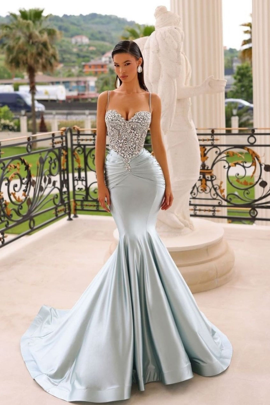 Blue Mermaid Prom Dress Beaded Spaghetti Straps Evening Dress