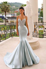 Blue Mermaid Prom Dress Beaded Spaghetti Straps Evening Dress