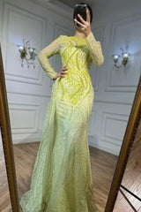 Blue Mermaid Prom Dress Long Sleeve Bateau Neck Evening Dress With Lace Appliques